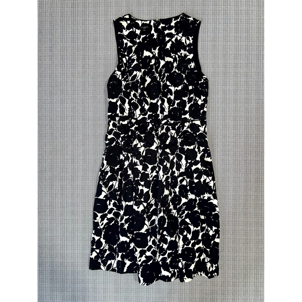 Talbots A Line Dress Womens‎ 10P White Black Floral Cotton Stretch Back Zip